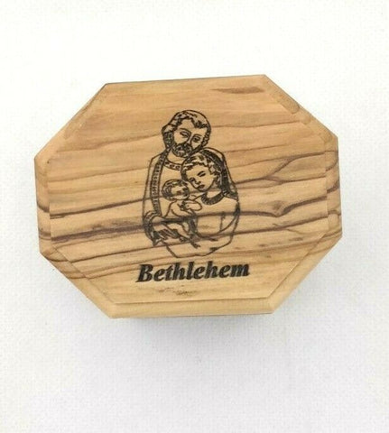 Hand Made Engraved Bethlehem Holy Family Olive Wood Rosary/Jewellery Box