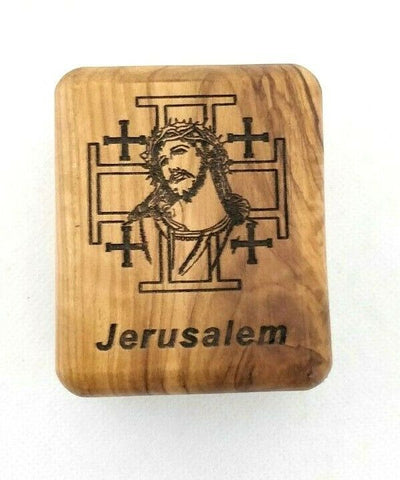 Hand Made Engraved Jerusalem Cross & Christ face Olive Wood Rosary/Jewellery Box