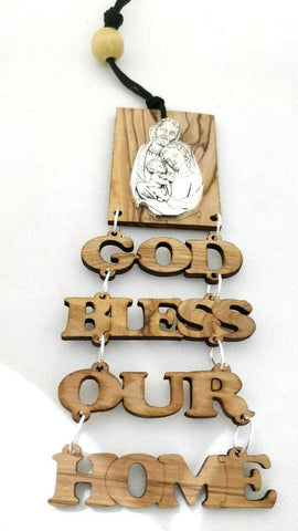 Hand Made Olive Wood Holy Family God bless our home wall hanging