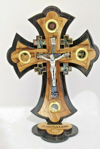 Hand Made Olive Wood & Mother Of Pearl Jerusalem Cross Crucifix From Jerusalem,The Holy Land