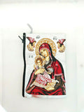 Our Lady Virgin Mary and Baby Jesus Tapestry Rosary / Bible or Church Silver Bag or Purse / with zip