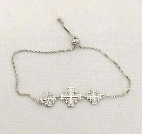 Stunning Silver and Zircons Classic Jerusalem Cross Blessed Bracelet. FREE GIFTS
