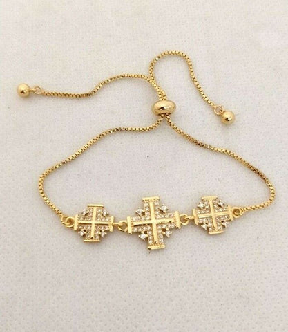 Stunning Gold Plated and Zircons Classic Jerusalem Cross Blessed Bracelet. please read description.