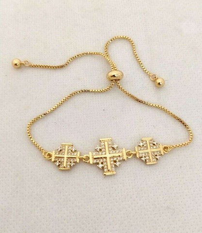 Stunning Gold Plated and Zircons Classic Jerusalem Cross Blessed Bracelet. please read description.