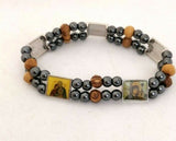NEW HEMATITE STONE & OLIVE WOOD WITH ICONS ELASTIC BRACELET / STUNNING