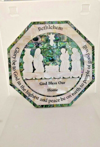 Hand Crafted Mother Of Pearl Bethlehem Christmas Crib / Nativity Wall Plaque / Glory be to God Prayer