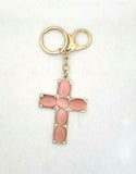 Rose Quartz Gemstone Large Cross, Golden Keyring with Mini Crystals / Stunning