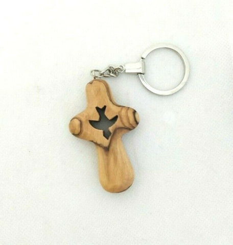 Olive Wood Comfort Cross Engraved Holy Spirit Key ring, Made in the Holy Land