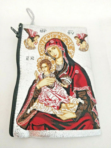Our Lady Virgin Mary and Baby Jesus Tapestry Rosary / Bible or Church Silver Bag or Purse / with zip