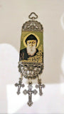 St Charbel Fabric Cloth Icon Banner Textile Art with 3 Crosses /  Wall or Car Hanging.