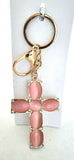 Rose Quartz Gemstone Large Cross, Golden Keyring with Mini Crystals / Stunning