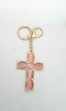 Rose Quartz Gemstone Large Cross, Golden Keyring with Mini Crystals / Stunning
