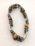 NEW HEMATITE STONE & OLIVE WOOD WITH ICONS ELASTIC BRACELET / STUNNING