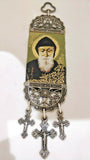 St Charbel Fabric Cloth Icon Banner Textile Art with 3 Crosses /  Wall or Car Hanging.