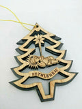 Handmade Olive Wood Christmas Tree Shape Ornament with Baby Jesus and Bethlehem
