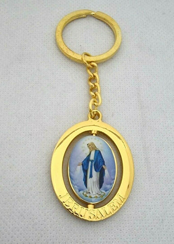 Our Lady of Grace Golden Keyring, Rotating Centre, engraved Jerusalem.