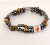 NEW HEMATITE STONE & OLIVE WOOD WITH ICONS ELASTIC BRACELET / STUNNING