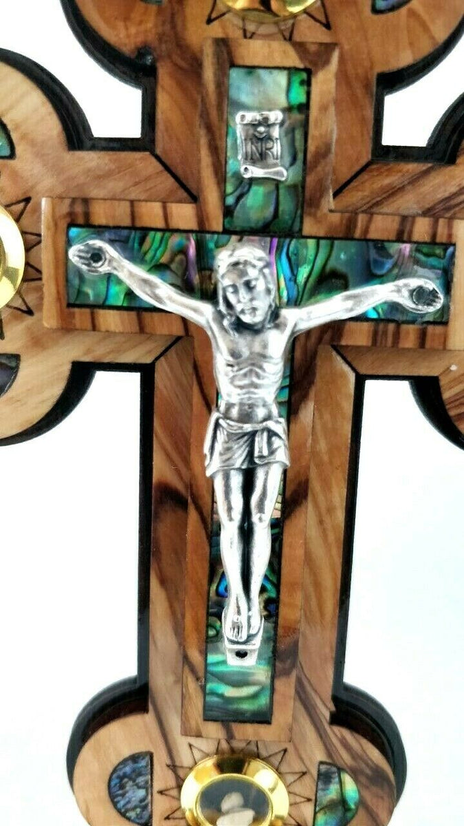 7.1 Inch Olive Wood & Mother of Pearl Wall Crucifix, Budded, 5 Holy Land Essences, 14 top Stations of Cross Engraved, Catholic Gift Holy Land