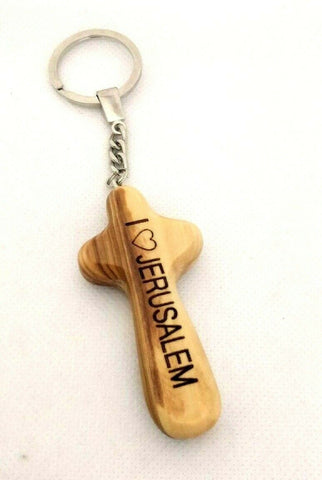 I love Jerusalem Olive Wood Comfort Cross Key Chain, Blessings from Jerusalem.