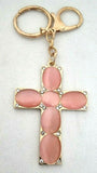 Rose Quartz Gemstone Large Cross, Golden Keyring with Mini Crystals / Stunning