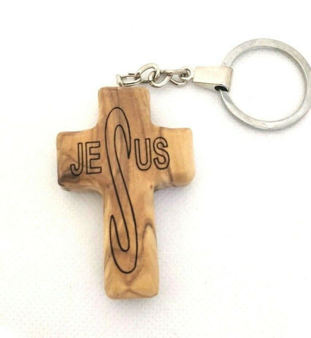 Jesus Name engraved on Olive Wood Cross, Key Chain , Blessings from Jerusalem.
