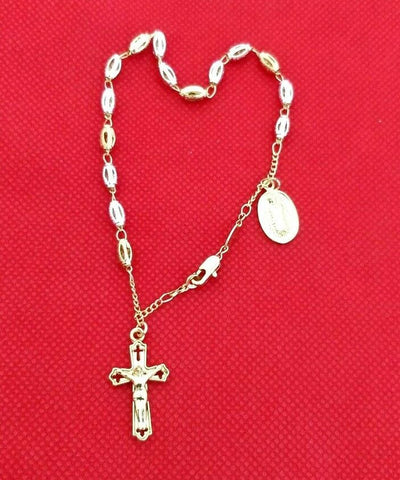 Stunning Silver & Gold Plated Single Decade Rosary Beads Bracelet with Icon.