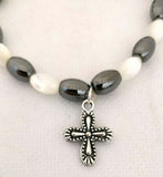 Mother Of Pearl and Hematite Stone Bracelet With Zinc Cross