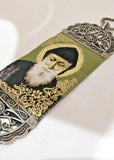 St Charbel Fabric Cloth Icon Banner Textile Art with 3 Crosses /  Wall or Car Hanging.