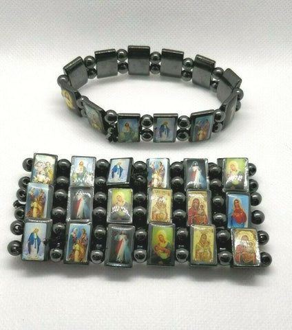 Hematite Natural Stone Magnetic all Saints, Mary & Jesus Elasticated Bracelet
