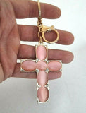 Rose Quartz Gemstone Large Cross, Golden Keyring with Mini Crystals / Stunning