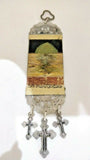 St Charbel Fabric Cloth Icon Banner Textile Art with 3 Crosses /  Wall or Car Hanging.