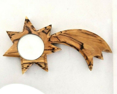 Hand made Olive Wood Shooting Star Candle Holder with a free Candle