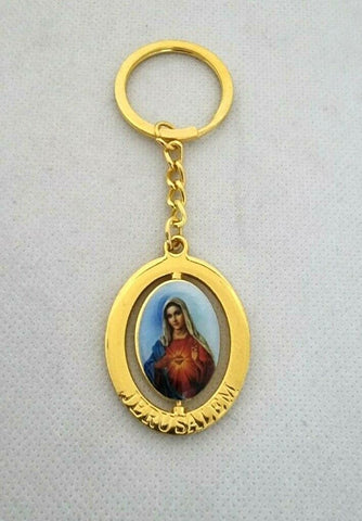 Immaculate Heart of Mary Golden Keyring, Rotating Centre, engraved Jerusalem.