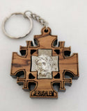 Hand Made Olive Wood Jerusalem Cross,Silver Jesus Face Key ring