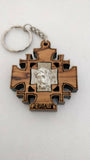 Hand Made Olive Wood Jerusalem Cross,Silver Jesus Face Key ring
