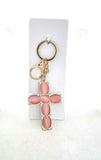 Rose Quartz Gemstone Large Cross, Golden Keyring with Mini Crystals / Stunning