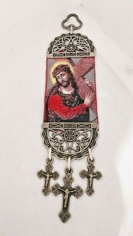 Jesus Carrying The Cross Fabric Cloth Icon Banner Textile Art, Wall / Car Hang