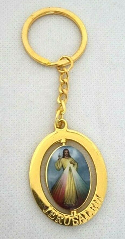 Divine Mercy Golden Keyring, Rotating Centre, engraved Jerusalem. from Holy Land