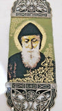 St Charbel Fabric Cloth Icon Banner Textile Art with 3 Crosses /  Wall or Car Hanging.