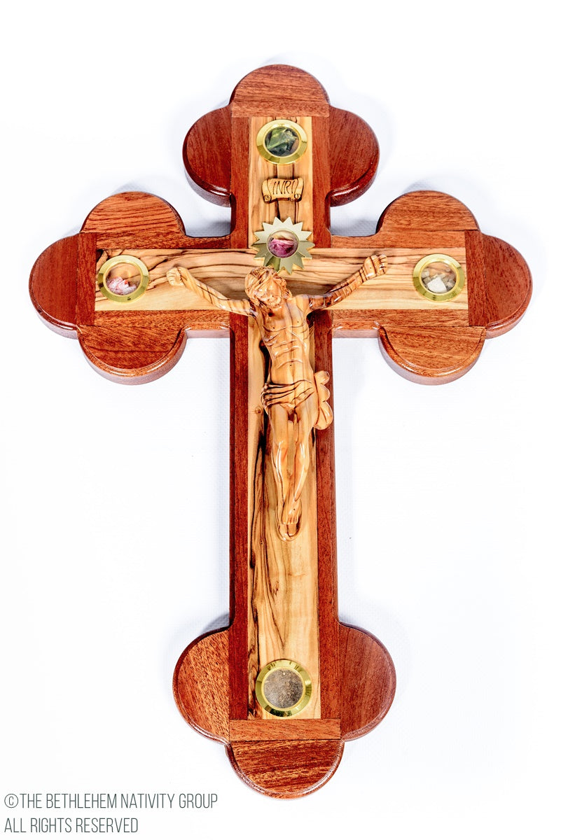 Stunning Hand Carved Olive Wood Crucifix Embedded With Mahogany