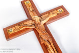 THE BETHLEHEM NATIVITY GROUP - LATIN HAND CARVED OLIVE WOOD CRUCIFIX EMBEDDED WITH MAHOGANY WOOD WITH 5 HOLY LAND RELICS