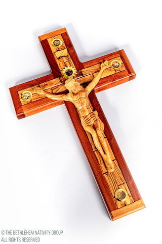 Hand Carved Olive wood & Mahogany wood Latin Crucifix with Relics 
