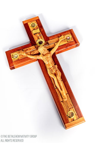 Hand Carved Olive wood & Mahogany wood Latin Crucifix with Relics