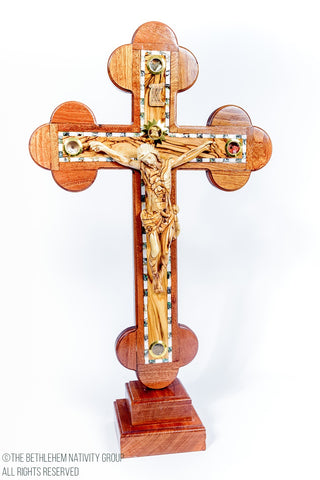 Olive Wood, Mother Of Pearl, Mahogany Wood Standing Crucifix with base