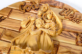Hand made Olive Wood Plaque With Ceramic Holy Family Water& Frankincense Glass