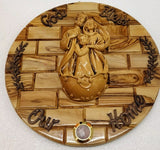 Hand made Olive Wood Plaque With Ceramic Holy Family Water& Frankincense Glass