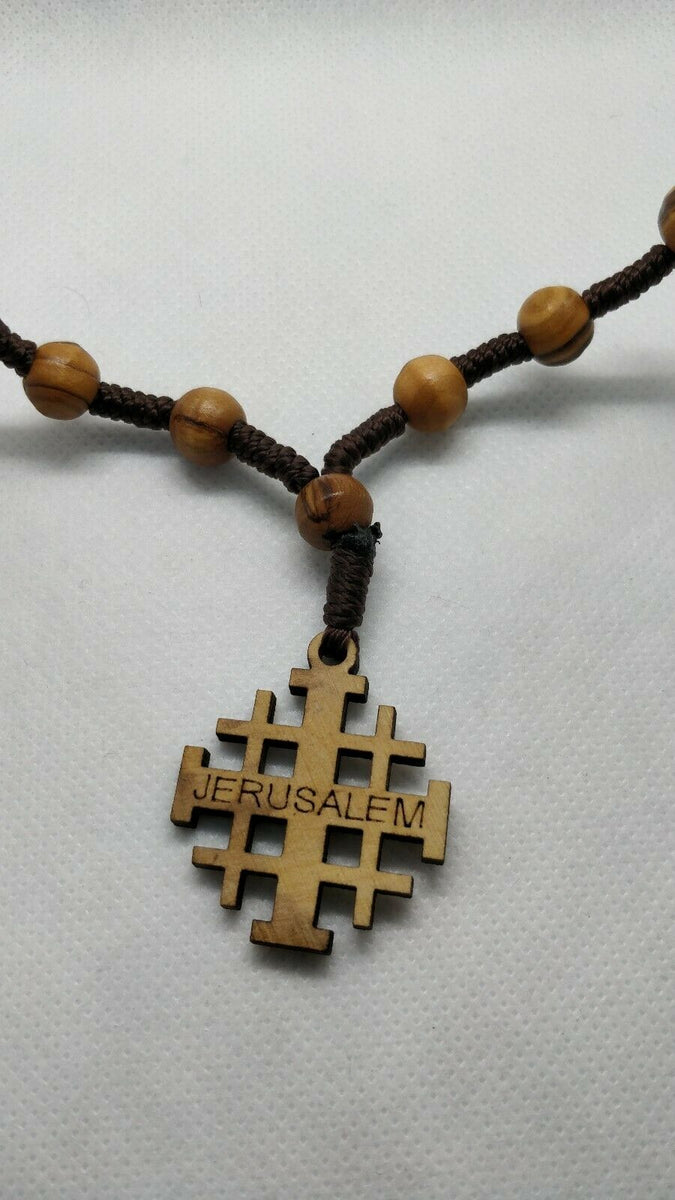 Hand made Olive Wood Necklace with Jerusalem Cross (plenty info in des – The Bethlehem Nativity Group