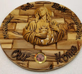 God Bless Our Home Olive Wood Wall Plaque With Ceramic Sacred Heart Of Jesus