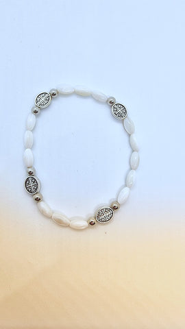 Handmade Catholic Mother Of Pearl Gemstone Bracelet with Icons / Made in Jerusalem, The Holy Land.