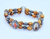 HANDMADE HEMATITE STONE & OLIVE WOOD WITH ICONS ELASTIC BRACELET / STUNNING